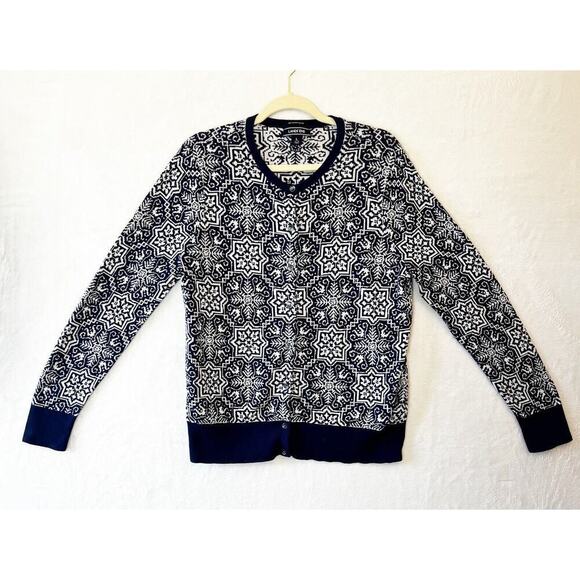 Lands' End Sweaters - Lands End Womens Cardigan Size L Fair Isle Supima Cotton Navy and White Festive